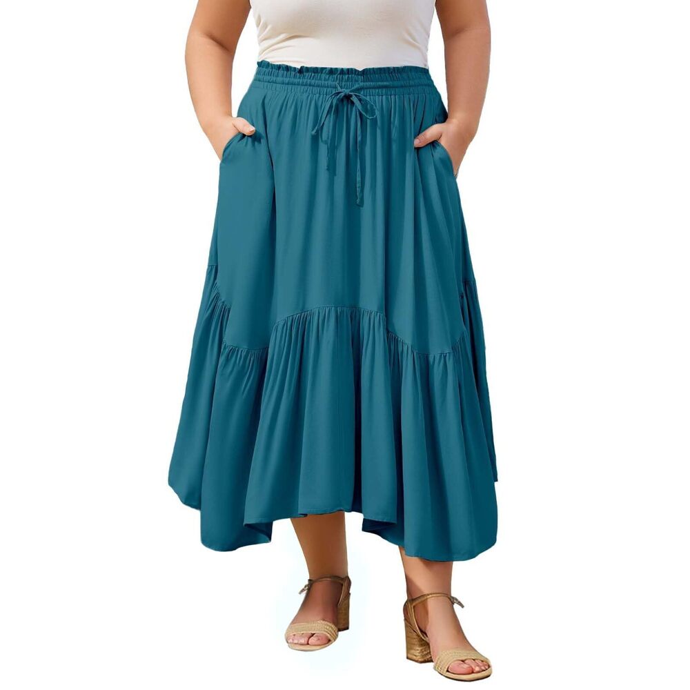 1092 Plus Size Boho Maxi Skirt Tiered Flowy High Waist Long Maxi Skirt